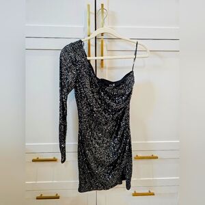 Windsor One Shoulder Black Sequin Mini Dress Small